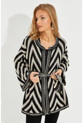 Kadın Siyah-Ekru Kemerli Zikzak Triko Hırka MİW1525