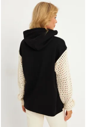 Kadın Siyah-Ekru Kolları Ajurlu Kapüşonlu Sweatshirt YLE12
