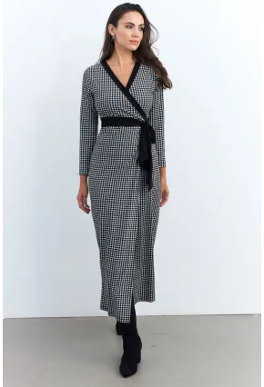Kadın Siyah-Ekru Kruvaze Kazayağı Maxi Elbise EY2941