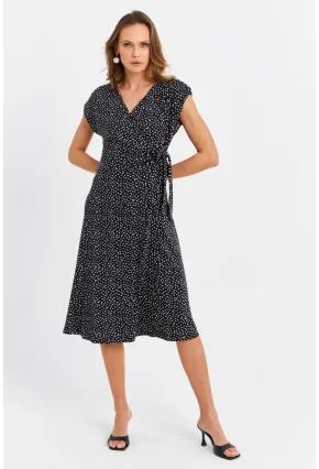 Kadın Siyah-Ekru Kruvaze Puantiyeli Midi Elbise EY3071