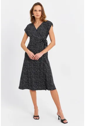 Kadın Siyah-Ekru Kruvaze Puantiyeli Midi Elbise EY3071