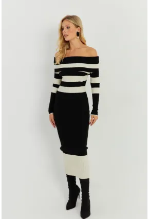 Kadın Siyah-Ekru Madonna Çizgili Triko Midi Elbise KED143