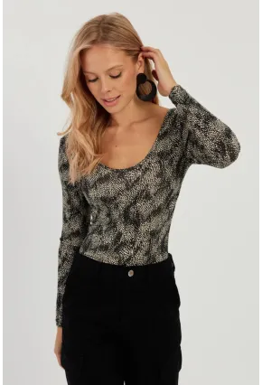 Kadın Siyah-Ekru Ön Arka U Desenli Bluz LPP1266