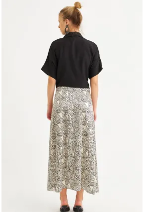 Kadın Siyah-Ekru Saten Midi Etek FİR1970