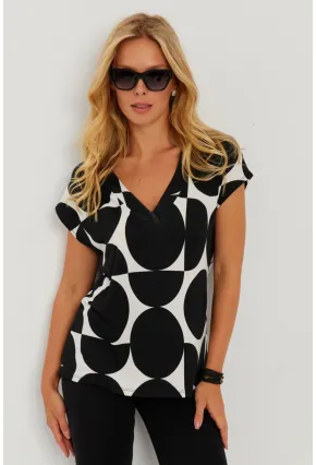 Kadın Siyah-Ekru V Yaka Desenli Bluz AYD293