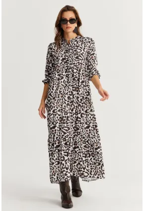 Kadın Siyah-Ekru Volanlı Desenli Maxi Elbise YLE14