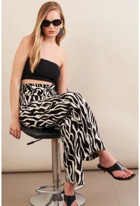 Kadın Siyah-Ekru Zebra Desenli Yüksel Bel Pantolon PİK50