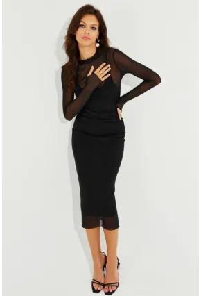 Kadın Siyah Eldivenli İkili Midi Tül Elbise MEN2006