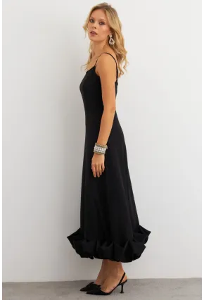 Kadın Siyah Eteği Fırfırlı Şık Maxi Elbise FRY2266