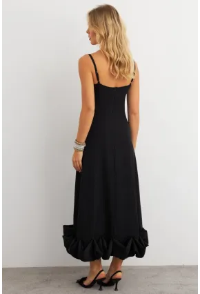 Kadın Siyah Eteği Fırfırlı Şık Maxi Elbise FRY2266