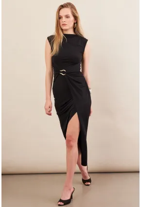 Kadın Siyah Eteği Kruvaze Tokalı Midi elbise KED7340