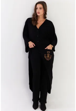 Kadın Siyah Etnik Desenli Maxi Dokuma Elbise ALO318