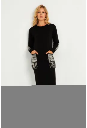 Kadın Siyah Etnik Triko Midi Elbise RH03