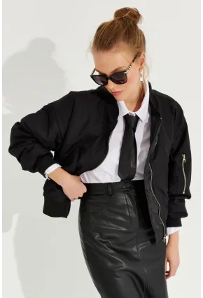 Kadın Siyah Fermuarlı Bomber Mont QRS8367