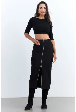 Kadın Siyah Fermuarlı Cepli Midi Etek ELT3999