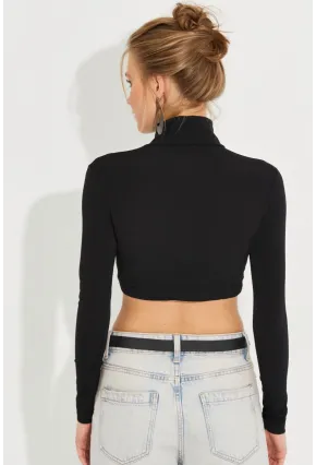 Kadın Siyah Fermuarlı Crop Bluz MEN2020