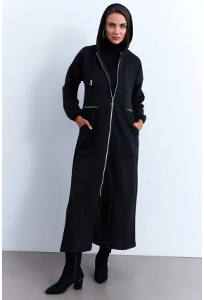 Kadın Siyah Fermuarlı Taşlı Sweat Elbise MASF21