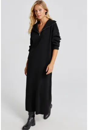 Kadın Siyah Fermuarlı Triko Maxi Elbise SF2525