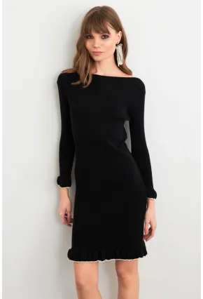 Kadın Siyah Fırfırlı Basic Triko Midi Elbise SF2559