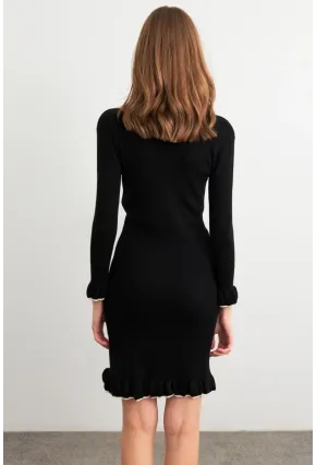 Kadın Siyah Fırfırlı Basic Triko Midi Elbise SF2559