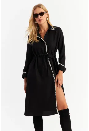 Kadın Siyah Garnili Gömlek Midi Elbise MASF10