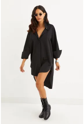 Kadın Siyah Gizli Düğmeli Tunik Gömlek Elbise SF1292