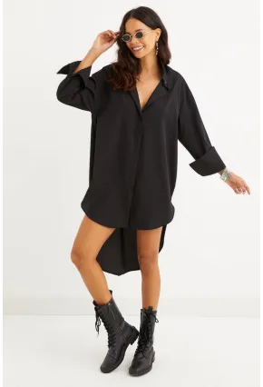 Kadın Siyah Gizli Düğmeli Tunik Gömlek Elbise SF1292