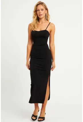 Kadın Siyah Gloplu Askılı Midi Elbise DMR145