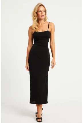 Kadın Siyah Gloplu Askılı Midi Elbise DMR145