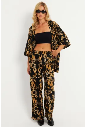 Kadın Siyah-Gold Desenli Bürümcük Alt Üst  Takım LON3004