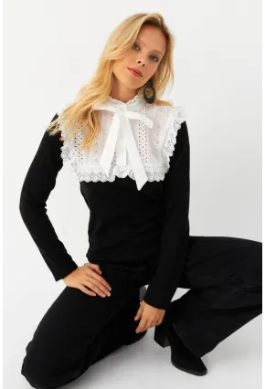 Kadın Siyah Gömlek Bloklu Triko Bluz MQS2117