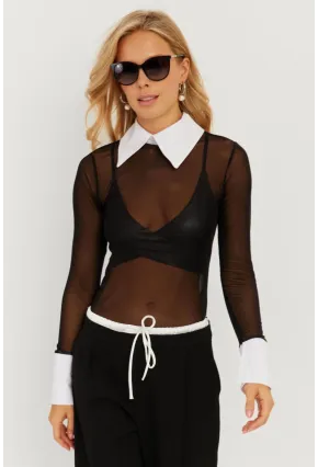 Kadın Siyah Gömlek Yaka Tül Bluz MEN2033