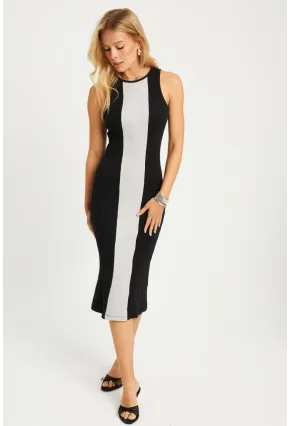 Kadın Siyah-Gri Kaşkorse Yırtmaçlı Midi Elbise XL2010