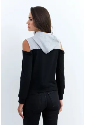 Kadın Siyah-Gri Omuzları Açık Sweatshirt TF15