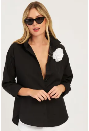 Kadın Siyah Gül Aksesuarlı Gömlek SF2540