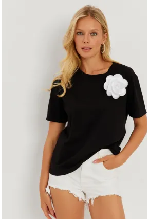 Kadın Siyah Gül Aksesuarlı T-Shirt SF12721