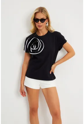 Kadın Siyah Gül Aksesuarlı T-Shirt SF12740