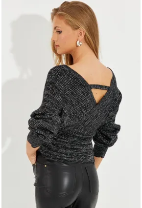 Kadın Siyah-Gümüş Kruvaze Simli Kazak KED125