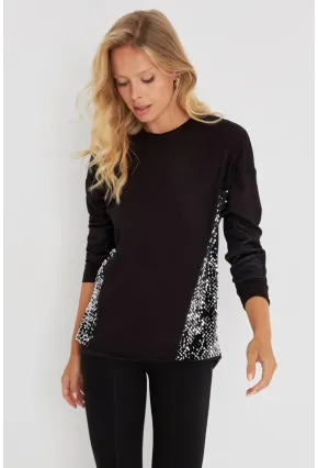 Kadın Siyah-Gümüş Payetli Uzun Bluz ST3124