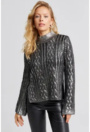 Kadın Siyah-Gümüş Varakli Triko Bluz SF2528