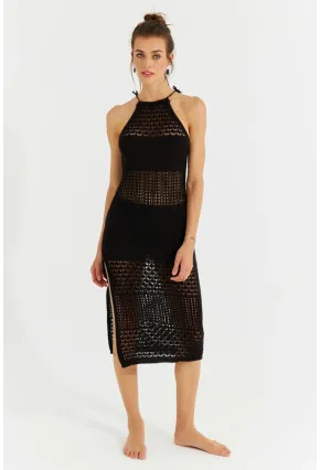 Kadın Siyah Halter Yaka Ajurlu Midi Elbise SF2506