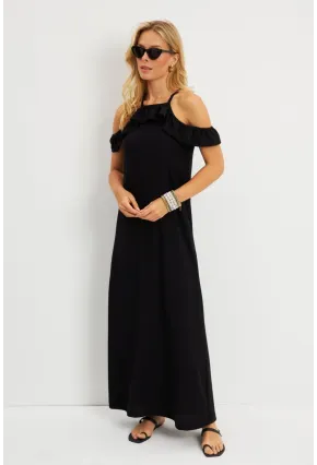 Kadın Siyah Halter Yaka Bürümcük Midi Elbise EY2789