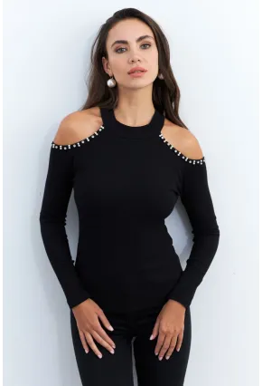 Kadın Siyah İnci Aksesuarlı Bluz RLO86