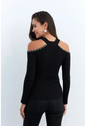 Kadın Siyah İnci Aksesuarlı Bluz RLO86