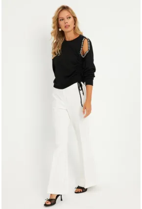 Kadın Siyah İnci Detaylı Büzgülü Sweatshirt RLO04