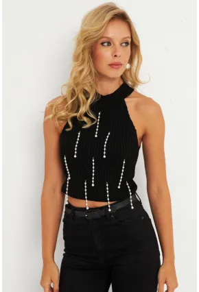 Kadın Siyah İnci Detaylı Triko Bluz KAZ005