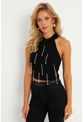 Kadın Siyah İnci Detaylı Triko Bluz KAZ005