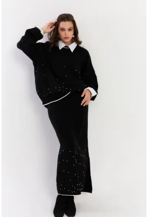 Kadın Siyah İncili Alt Üst Etek Takım YİL554