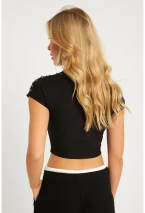 Kadın Siyah İncili Kısa Bluz HOL2112