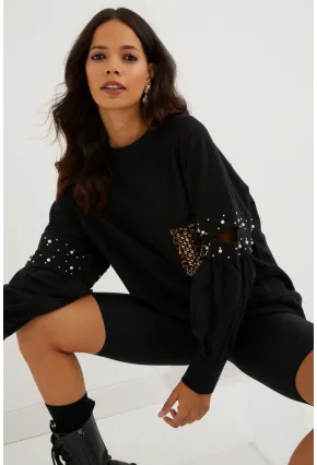 Kadın Siyah İncili Kol Detaylı Sweatshirt PKA400